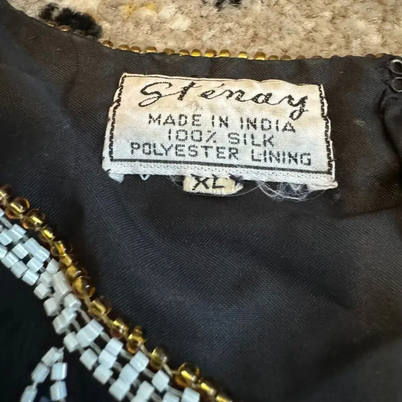 Vintage 80s Stenay Womens Blouse Top Size XL Black 100% Silk Beaded Floral Zip - Picture 2 of 10